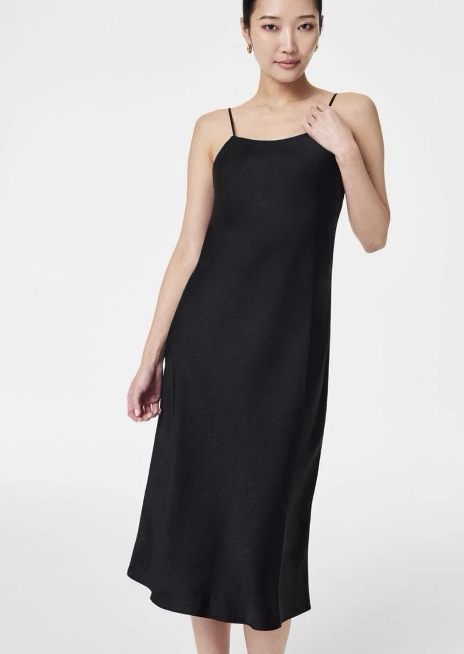 Spanx Carefree Slip Dress Size S Black Shaping Slimming Satin Midi Minimalist